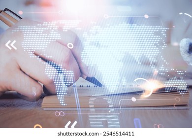 Man's hands with international data global network topic double exposure icon. Concept of globalization.
