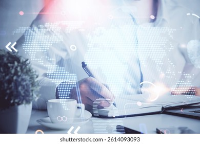 Man's hands with international data global network topic double exposure icon. Concept of globalization.
