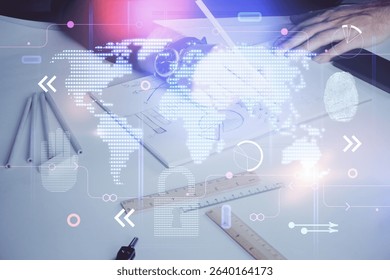 Man's hands with international data global network topic double exposure icon. Concept of globalization.