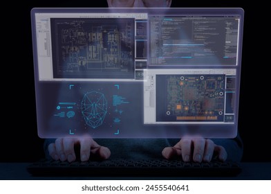 Man's hands on keyboard and virtual screen with Computer Aided Design software windows. Concept of the development process flowchart in the electronics industry - idea, schematic, PCB routing, coding