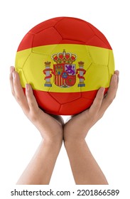 Man's Hands Raising A Soccer Ball With The Flag Of The Spain Team As A Trophy On A White Background.