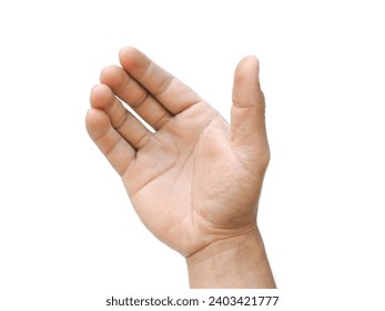 Man's hands reaching up from below, gesturing as if holding something such as a phone or water bottle, isolated on white background.