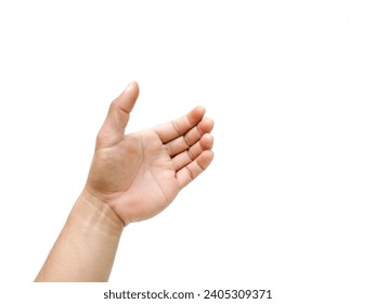 Man's hands reaching up from below, gesturing as if holding something such as a phone or water bottle, isolated on white background. - Powered by Shutterstock