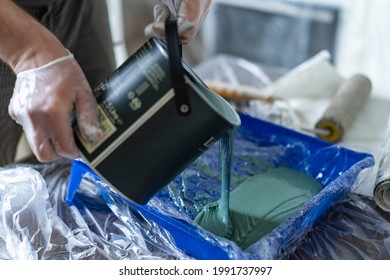 Man's Hands In Rubber Gloves  Pouring Green Paint From Bucket Into Tray  For Painting Walls Standing On Kitchen Table Covered With Film.Image With Selective Focus