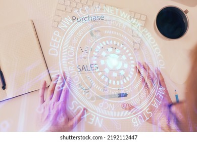 Man's hands with tech theme multi exposure icons. Concept of big data and technology.