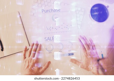 Man's hands with tech theme multi exposure icons. Concept of big data and technology.