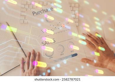 Man's hands with tech theme multi exposure icons. Concept of big data and technology.