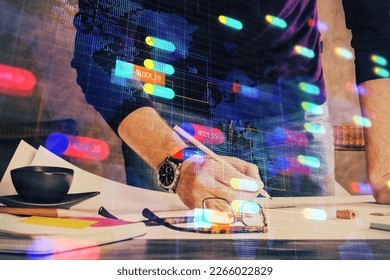Man's hands with technology theme multi exposure icons. Concept of big data.