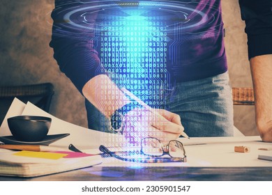 Man's hands with technology theme multi exposure icons. Concept of big data.