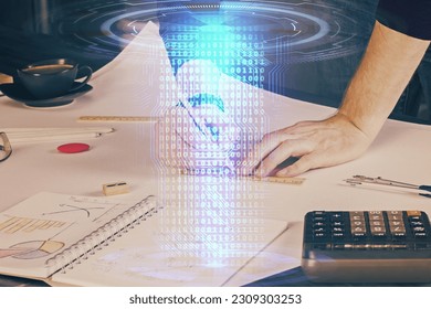 Man's hands with technology theme multi exposure icons. Concept of big data.