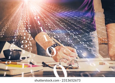 Man's hands with technology theme multi exposure icons. Concept of big data.