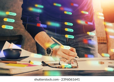 Man's hands with technology theme multi exposure icons. Concept of big data.