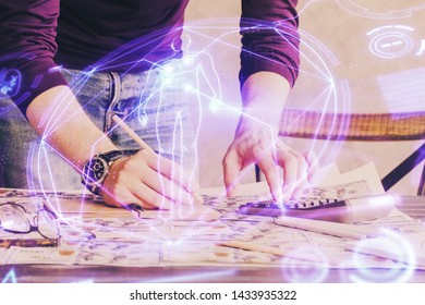 Man's hands working with notes background. Modern computer record diagram with virtual mnitor.