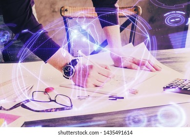 Man's hands working with notes background. Modern computer record diagram with virtual mnitor.