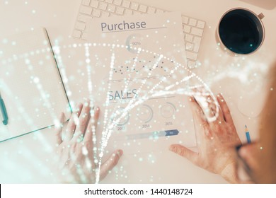 Man's hands working with notes background. Genetic engineering and gene manipulation concept.
