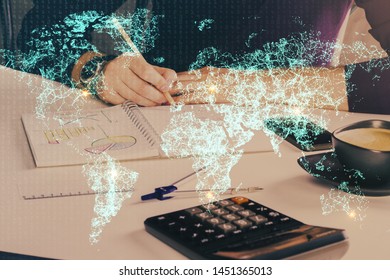 Man's hands working with notes background. Social networking scheme . Mixed media