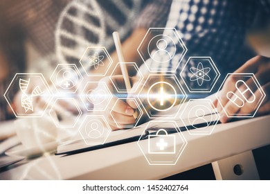 Man's hands working with notes background. Genetic engineering and gene manipulation concept.