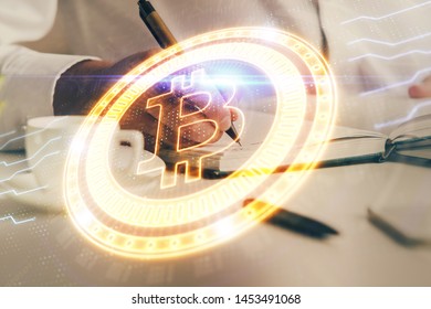 Man's hands working with notes background. Cryptocurrency and finance concept.