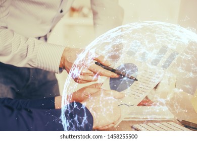 Man's hands working with notes background. Social networking concept.