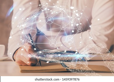 Man's hands working with notes background. Social networking concept.