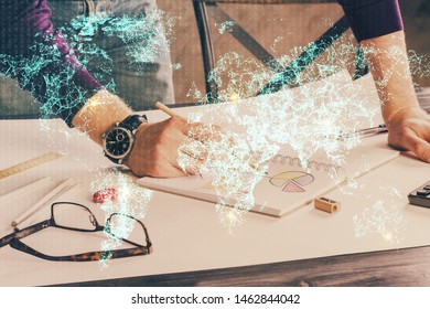 Man's hands working with notes background. Social networking concept.