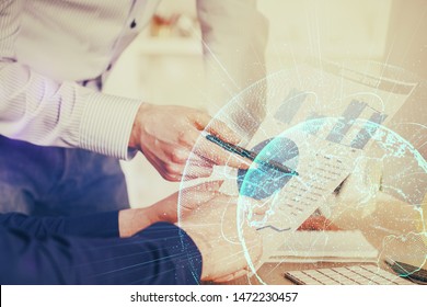 Man's hands working with notes background. Social networking concept.