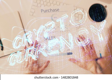 Man's hands working with notes background. Cryptocurrency and finance concept.