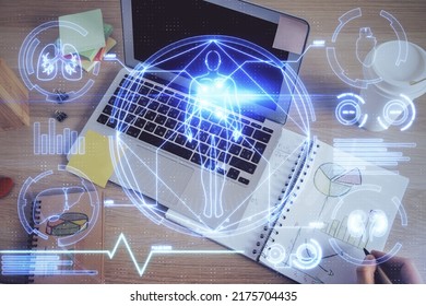 Man's hands working with notes background. Scientist checklist or entry data, research and experiment concept. Double exposure. - Powered by Shutterstock