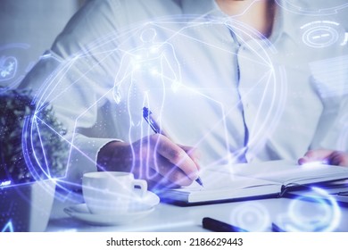 Man's hands working with notes background. Scientist checklist or entry data, research and experiment concept. Double exposure. - Powered by Shutterstock