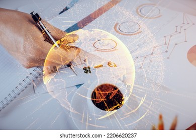 Man's hands working with notes background. Social networking concept. Crowd sourcing. Global business. Multi exposure.