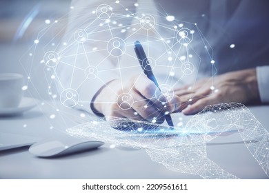 Man's hands working with notes background. Social networking concept. Crowd sourcing. Global business. Multi exposure.