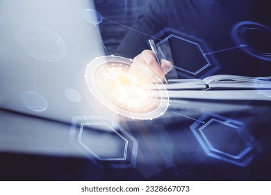 Man's hands working with notes background. Cryptocurrency and finance concept. Double exposure.