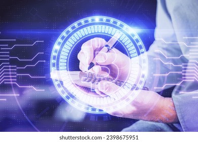 Man's hands working with notes background. Cryptocurrency and finance concept. Double exposure.