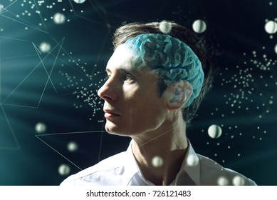 The man's head businessman with digital brain and the grid connections of neurons. The concept of artificial intelligence and the limitless possibilities of the mind