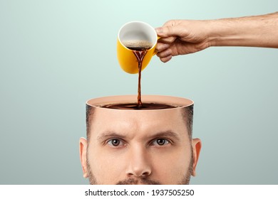 The man's head is open and coffee is poured into it from a cup. Creative background, coffee lover, brain drug, caffeine - Powered by Shutterstock