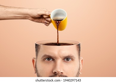 The man's head is open and coffee is poured into it from a cup. Creative background, coffee lover, brain drug, caffeine - Shutterstock ID 1940297143