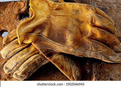 Man's Leather Work Gloves Closeup