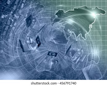 Mans and map - abstract computer background in greens and blues.