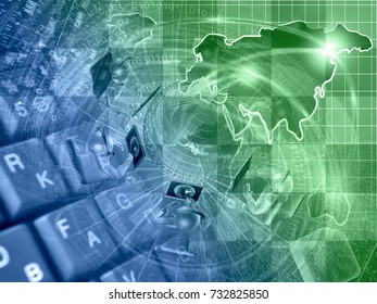 Mans and map - abstract computer background, in greens and blues.