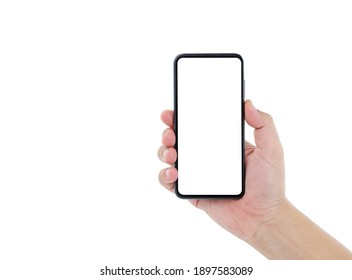 Man's right hand holding black mobile phone with blank screen on isolated white background  - Shutterstock ID 1897583089