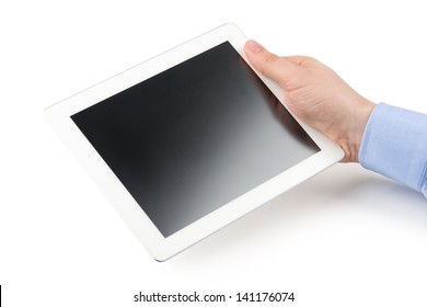 Man's Right Hand Holding A Tablet Computer On A White Background.