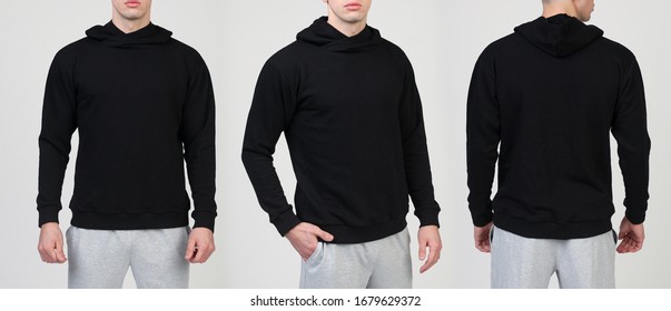 Man's sweatshirt of black color. Front view, side view - Shutterstock ID 1679629372