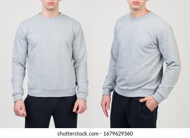 Man's sweatshirt of grey color. Front view, back view - Shutterstock ID 1679629360
