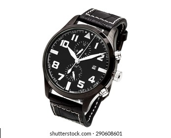 Man's Watch Of Black Color With The Black Dial And White Shooters, On A White Background.