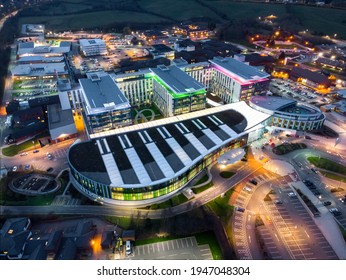 Mansfield Sutton In Ashfield 30.3.2021 Modern Big NHS Kings Mill Hospital Building Lit Up Bright Colourful Night Illuminated Exterior Aerial View Drone Photography Blue Hour Beautiful Stunning Colours