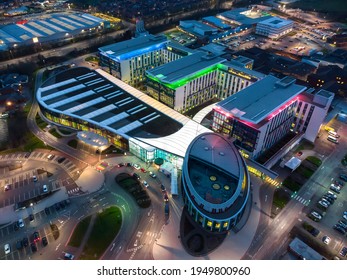 Mansfield Sutton In Ashfield 30.3.2021 Modern Big NHS Kings Mill Hospital Building Lit Up Bright Colourful Night Illuminated Exterior Aerial View Drone Photography Blue Hour Beautiful Stunning Colours