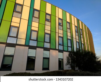 MANSFIELD, UK - MARCH 16, 2019:  Exterior Of The Steel & Glass Front Of Kings Mill Hospital In Dark Twilight, Refurbished & Remodeled In 1960s Style Under Tony Blair's Government