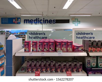 MANSFIELD, UK - OCTOBER 26, ‎2019: Pharmacy Counter At A Branch Of Chain Store Boots The Chemist, With A Blue 