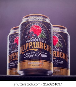 Mansfield,Nottingham,United Kingdom, 1st June 2022:Studio Product Image Of Cans Of Kopparberg Mixed Fruit Cider.Kopparberg Brewery Was Re-established In 1994,by Peter Bronson And Dan-Anders Bronson.