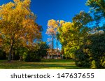 Mansion and autumn colors in Longwood Gardens, Pennsylvania.